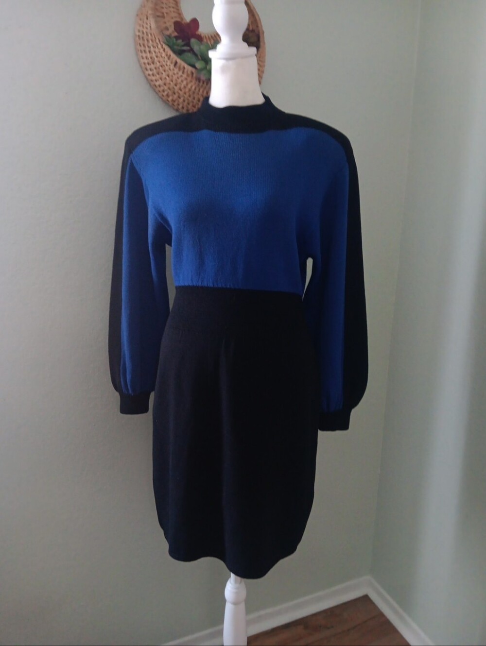 Vintage St. John Color Block Blue and Black Long Sleeve Knit Dress